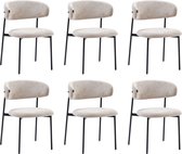 Set van zes taupekleurige eetkamerstoelen in chenille stof met zwart metalen poten, in een grid opstelling.