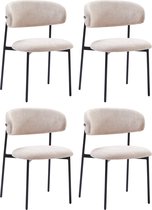 Set van vier eetkamerstoelen met beige stoffen zitting en zwart metalen frame.