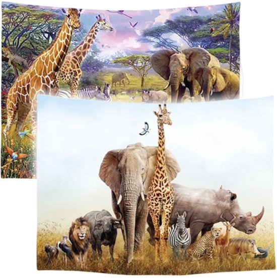 Ulticool - Tapisserie - Safari Animaux Nature Girafe Eléphant - 73 cm x 95 cm - Tissu Tapisserie Peinture - Poster Art - Beige Kaki