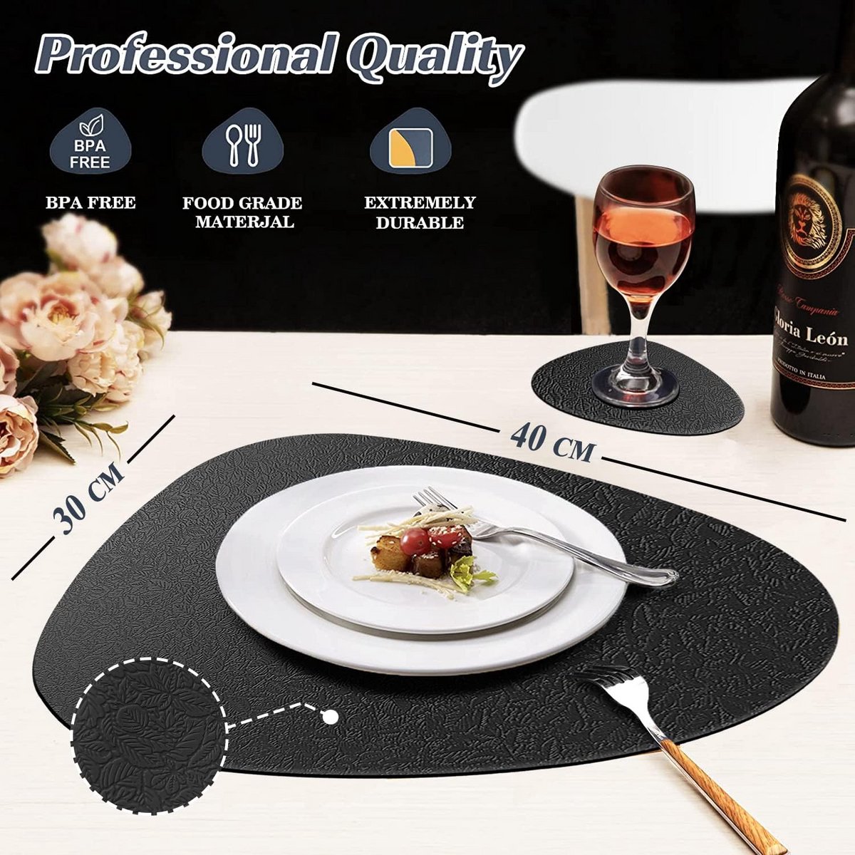 Silicone placemats en onderzetters - 40x30 cm - hittebestendig - antislip - bladpatroon