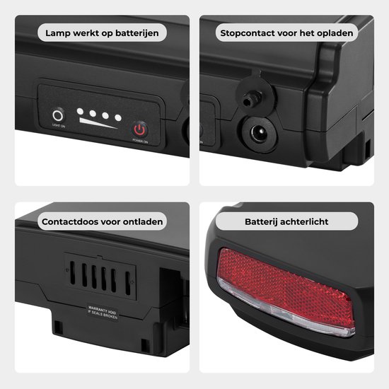 Details fietsbatterij: lamp aan, stopcontact voor opladen, contactdoos voor ontladen, achterlicht.