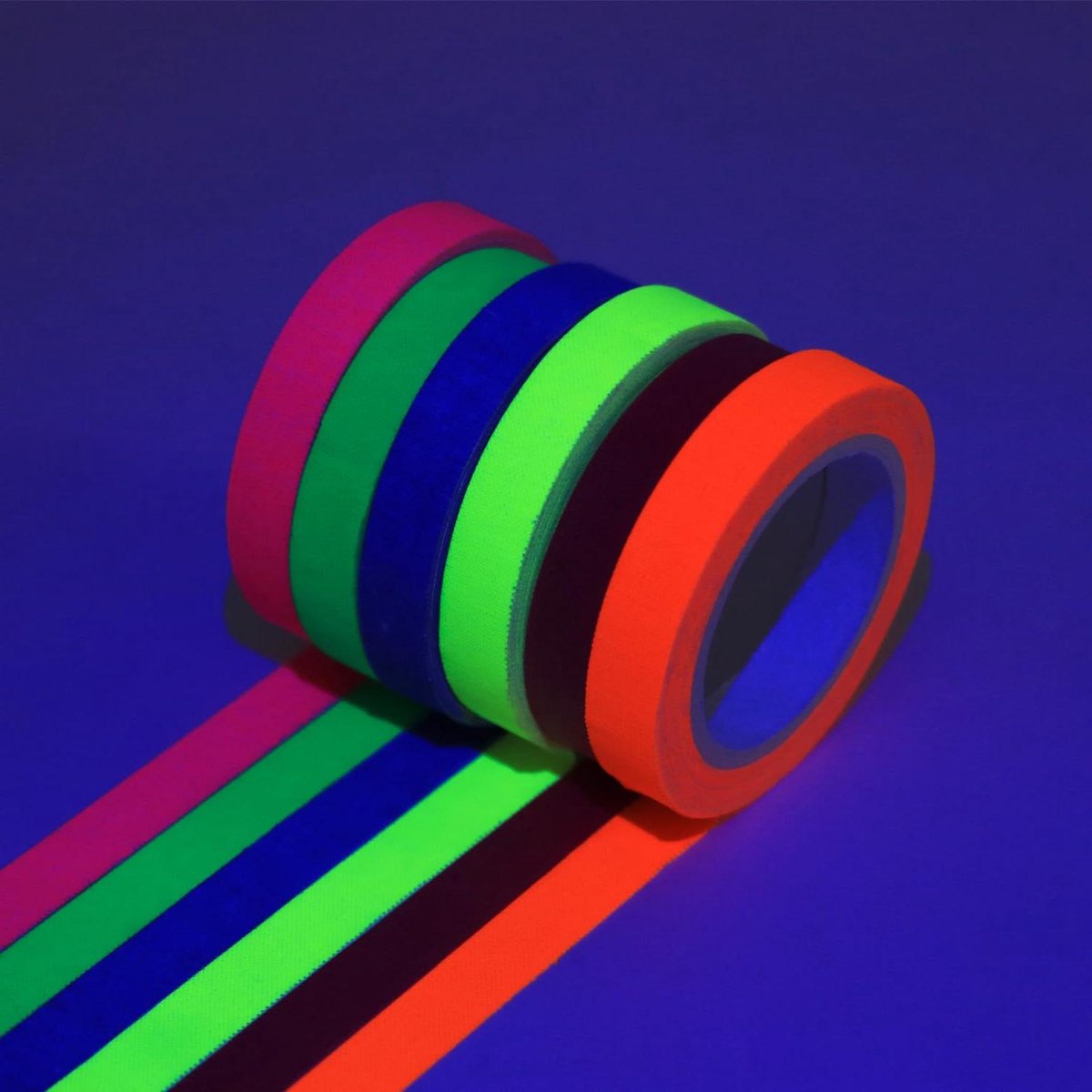 Ronte - Neon tape 6er set, fluorescerende gewebe-band, UV-actief, scheurvast, gemakkelijk te verwijderen, 6 kleuren - 10 mm x 5 m.
