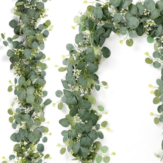 Ronte - Groene kunstmatige eucalyptusbladeren slinger 2 stuks | 5,7m faux zilveren dollar eucalyptus wijnstokken met bloemen | Groene wijnstokken voor bruiloft en tafeldecoratie