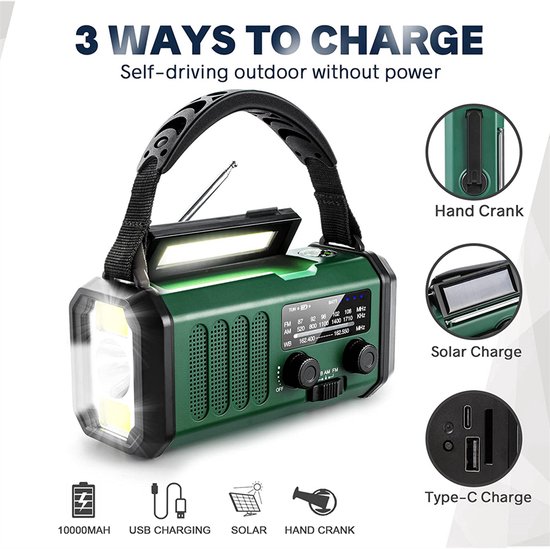 Living Goods - Radio d'urgence - Remontage Solar 20 000 mAh - MODÈLE 2025 - Banque d'énergie Solar Énergie solaire - Forfait d'urgence de Survie - Lampe de poche rechargeable - Forfait d'urgence - Ration d'urgence - Vert