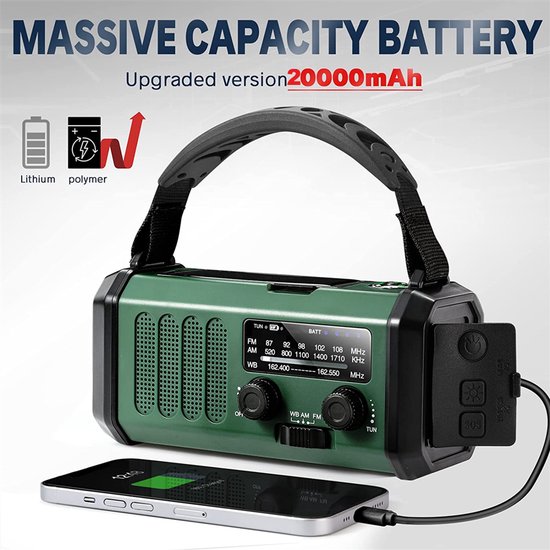 Living Goods - Radio d'urgence - Remontage Solar 20 000 mAh - MODÈLE 2025 - Banque d'énergie Solar Énergie solaire - Forfait d'urgence de Survie - Lampe de poche rechargeable - Forfait d'urgence - Ration d'urgence - Vert