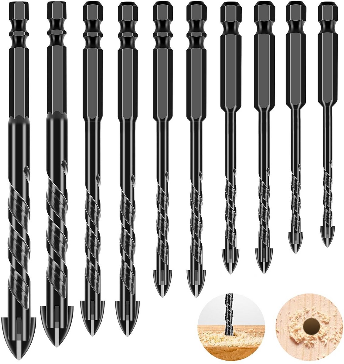 10-delige glasboor set met zeskant steel - boormaten 3-12 mm - voor tegels, keramiek en glas