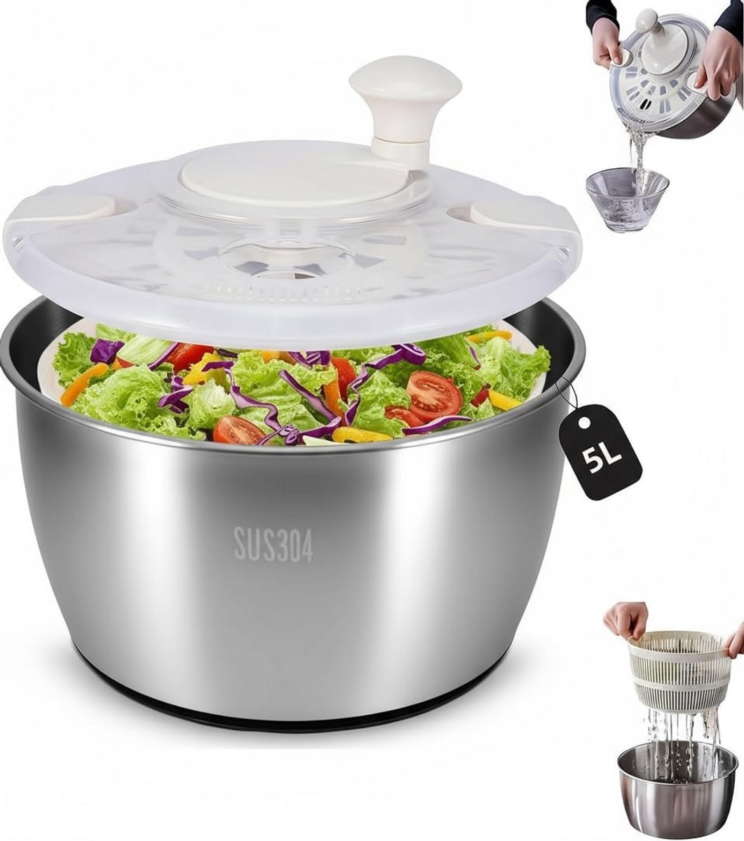 Grote Salade Centrifuge RVS 5 Liter - Groente Droger en Slakom