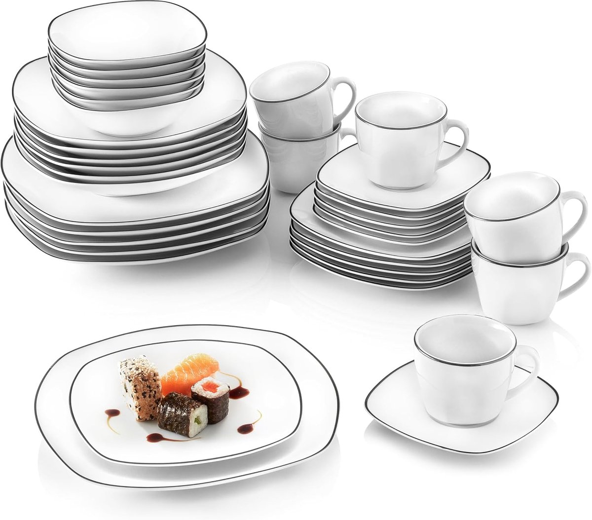 36-delig Porseleinen Serviesset voor 6 Personen - Vaatwasserbestendig Eetservies met Platten, Dessert- en Diepe Borden