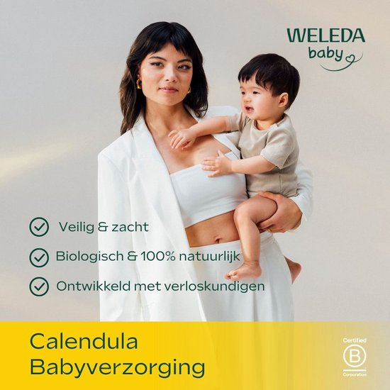 Vrouw met donker haar houdt een baby vast. Text: Veilig & zacht, Biologisch & 100% natuurlijk, Ontwikkeld met verloskundigen.