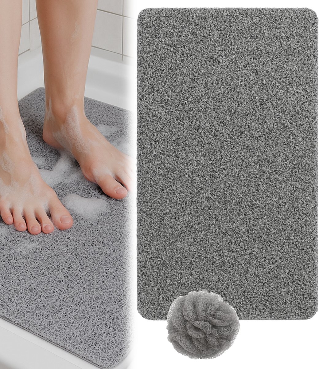 HSXL - Antislipmat Douche Zacht & Waterdoorlatend - 70x40CM - Incl. Netspons - Antislip Douchemat Grijs – Anti Slip Douche Cabine Mat – Mat voor in de Badkamer - Badkamer accessoires