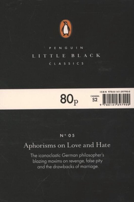 Boekomslag van 'Aphorisms on Love and Hate' van Penguin Little Black Classics, met prijs 80p en ISBN.