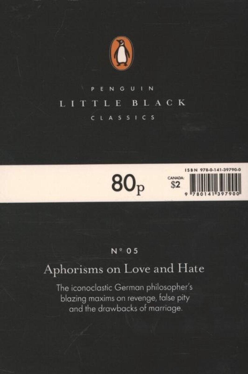 Boekomslag van 'Aphorisms on Love and Hate' van Penguin Little Black Classics, met prijs 80p en ISBN.