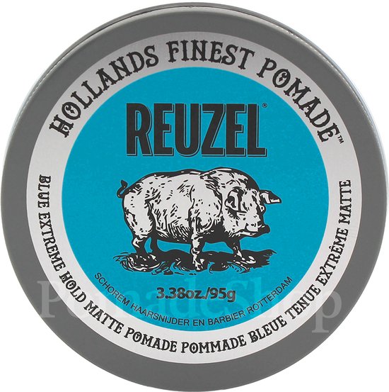 Blikken blik van Reuzel met een blauwe cirkel en een varken. "HOLLANDS FINEST POMADE" "BLUE EXTREME HOLD MATTE POMADE"
