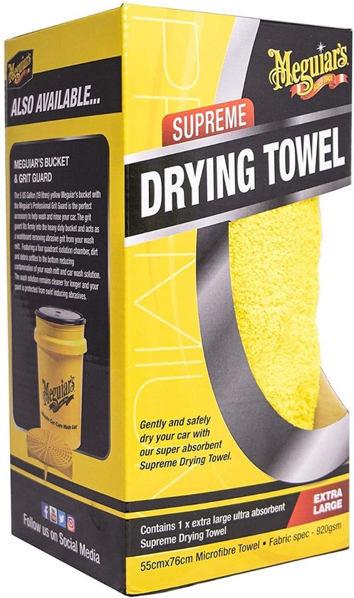 Gele Meguiar's Supreme droogdoek met "Also Available" en "Supreme Drying Towel" tekst.
