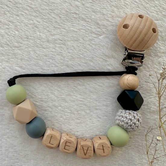 Speenkoord met naam | Gepersonaliseerd | Groen - Hout | Kraamcadeau | Met persoonlijke boodschap | Baby | Speenclip | Speenketting | Bebbes