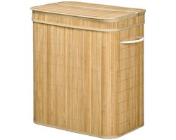 Wasmand, opbergmand, speelgoedopslag, kledingopslag, met deksel en handgrepen, 2 vakken, met afneembare stofzak, geschikt voor woonkamer, slaapkamer, badkamer 54,2 x 35,2 x 59,5 cm hout kleur bamboe