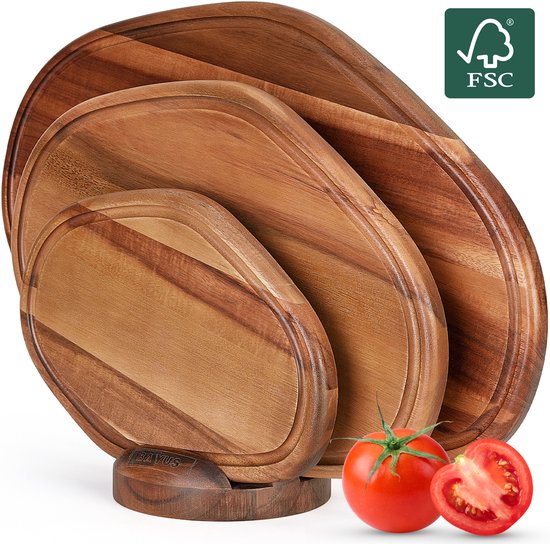 BAYUS® Planche à Découper en Bois d'Acacia Set (3 pièces) – Antidérapant & Rigole à Jus – Durable FSC – Planches à Découper de Cuisine Premium