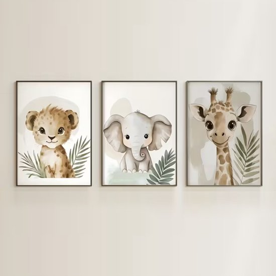 Ensemble de 3 Canvas 'Baby Lee, Éléphant & Gira' - Posters d'Animaux - 30x40 cm - Chambre de Bébé - Chambre d'Enfant - Décoration Murale
