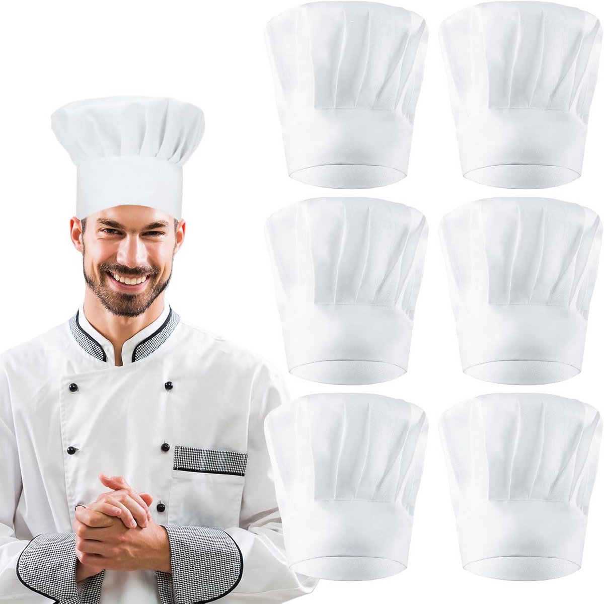 6 stuks koksmuts, uniseks keukenmuts, verstelbare koksmuts van katoen voor heren en dames, koksmutsen voor keuken, hotel, restaurant, Wit, 58