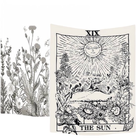 Ulticool - Tapisserie - Soleil Nature Fleurs Tarot Horoscope Vintage Retro - Set de 2 motifs - 73 cm x 95 cm - Peinture Tissu Tapisserie - Poster Art - Zwart Wit