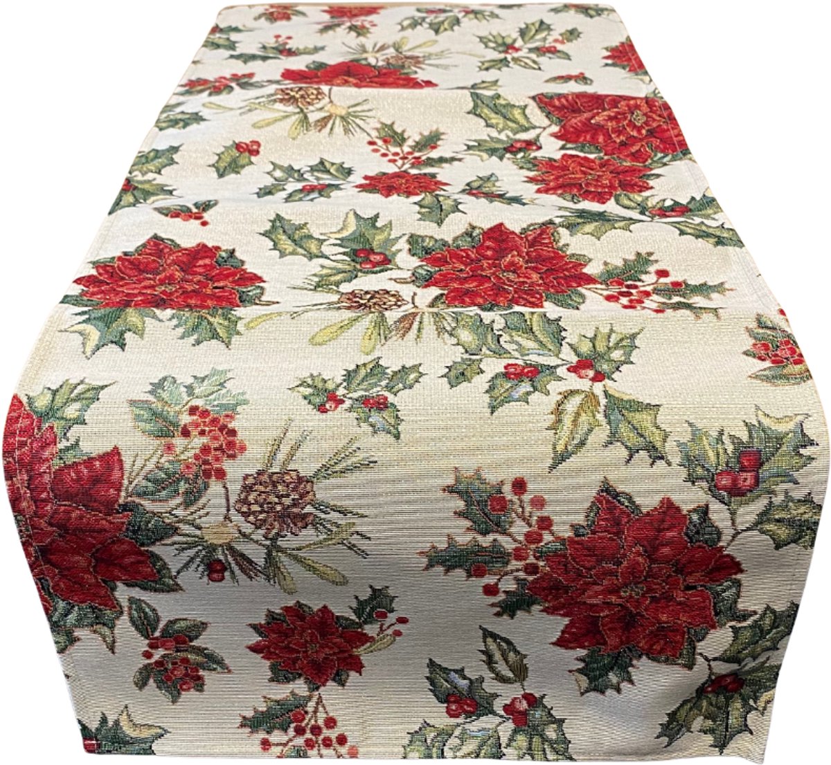 Tafelloper - Kerst - Gobelinstof - Bea - Dennenappels - Kerstroos - Hulst - Met gouddraad - 40 x 100 cm