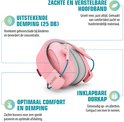 Gedetailleerde beschrijving van roze Alpine Muffy gehoorbescherming: verstelbare hoofdband, 25dB demping, comfortabele pasvorm en opvouwbaar ontwerp.