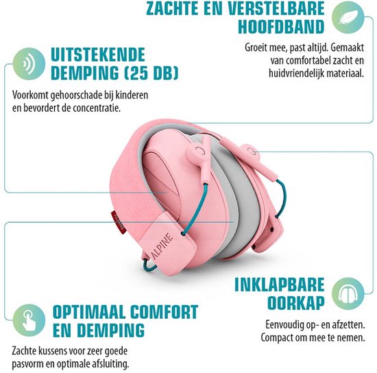 Gedetailleerde beschrijving van roze Alpine Muffy gehoorbescherming: verstelbare hoofdband, 25dB demping, comfortabele pasvorm en opvouwbaar ontwerp.