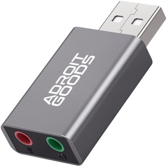 Grijze AdroitGoods USB audio-adapter met rode en groene poorten en USB-A stekker.