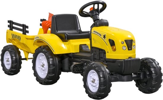 Traptractor met Aanhanger, Gereedschap en Claxon - Tractor - Aanhangwagen - Kinderen Rijden-op Constructiewagen - voor Kinderen vanaf 3 jaar - Metalen Frame - Zwart/Geel