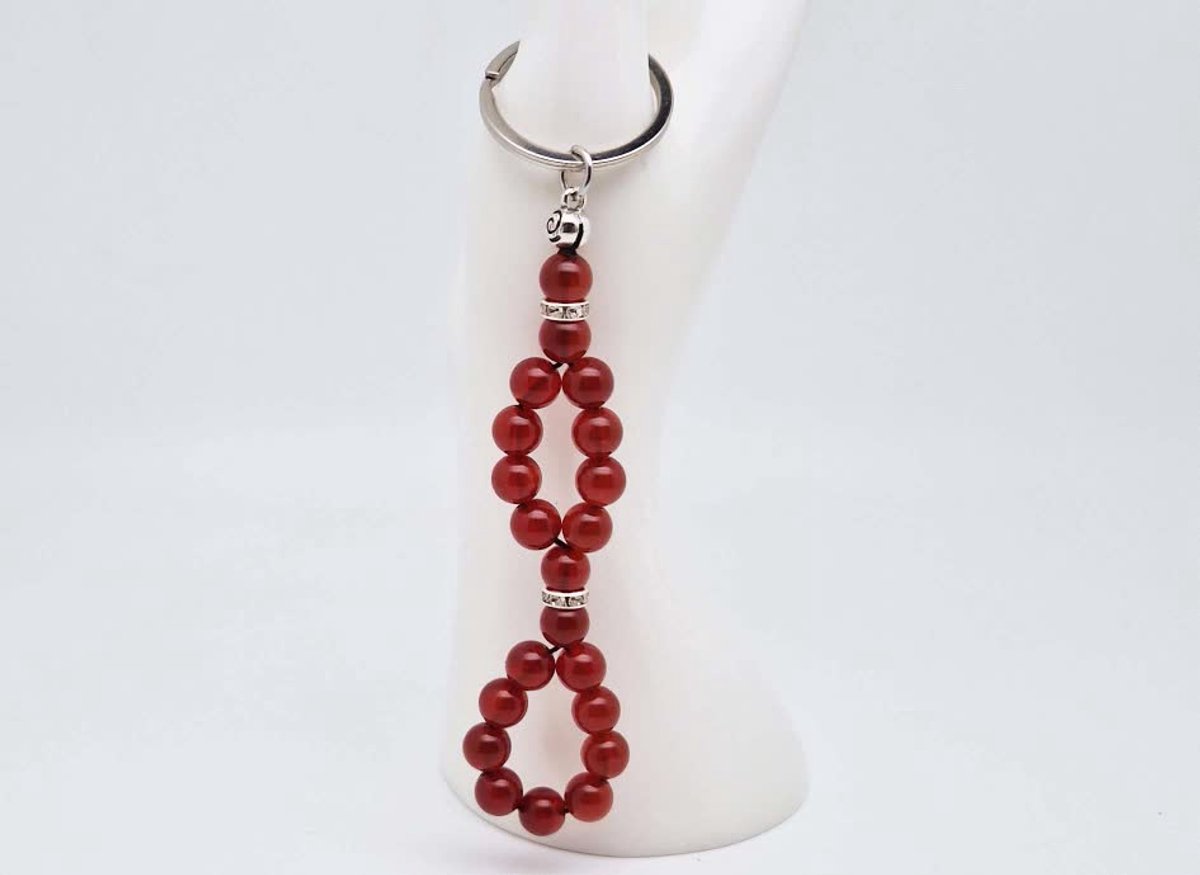 Handgemaakte Vis sleutelhanger van natuursteen " Rood Agaat" en metaal - diameter kralen 8mm - Aantal stenen21- Een mooi cadeau-idee en een bijzonder aandenken