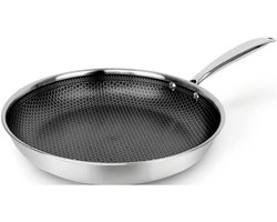 Driedubbele roestvrijstalen pan - De koekenpan met antiaanbaklaag is geschikt voor alle soorten fornuizen, inclusief inductie - Zilverkleurig, 28 cm