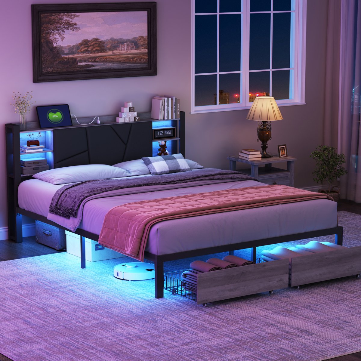 ROSAHQNDA Modern gestoffeerd bed met lades, LED-verlichting, PU-leren frame van ijzer met USB-oplaadpoort, 140 x 200 cm, exclusief matras, (verzonden in 2 pakketten) Zwart