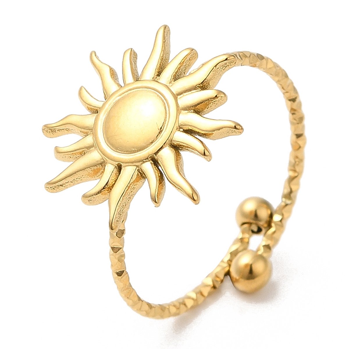 Ring stainless steel met zon bohemian, one size ring, goudkleurig, waterproof, verstelbare ring, cadeau
