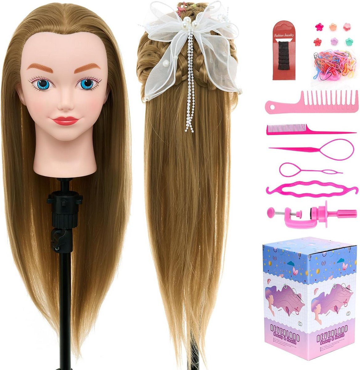 50 cm oefenhoofd met 100% synthetisch haar - kappershoofd met houder en haaraccessoires