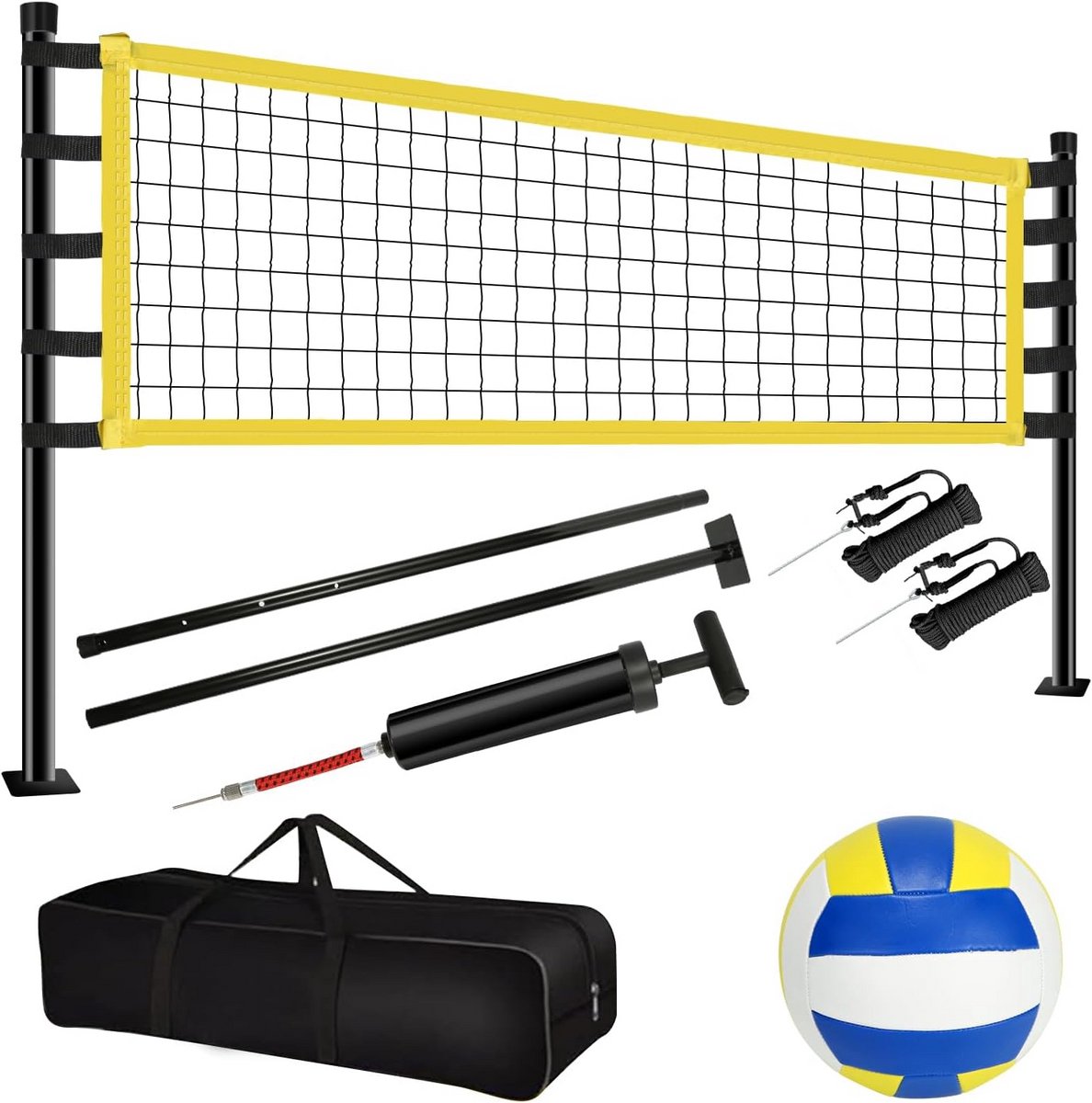 Volleybal Net Set 9,5 m x 1 m – Complete Strand- en Buitenvolleybalset met Verstelbare Stalen Stangen, Begrenzingslijnen, Bal en Draagtas – Hoogte Instelbaar