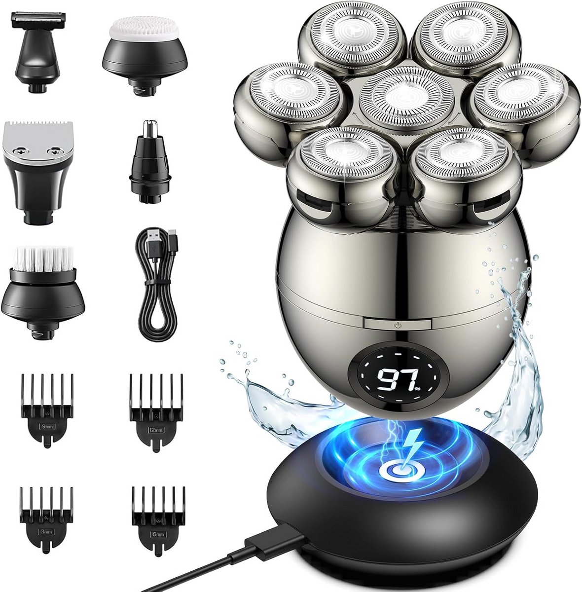 Mannen Scheerapparaat 6-in-1 met 7 Roterende Scheerkoppen en LED-Display, Waterdicht IPX6 Droog en Nat Scheren