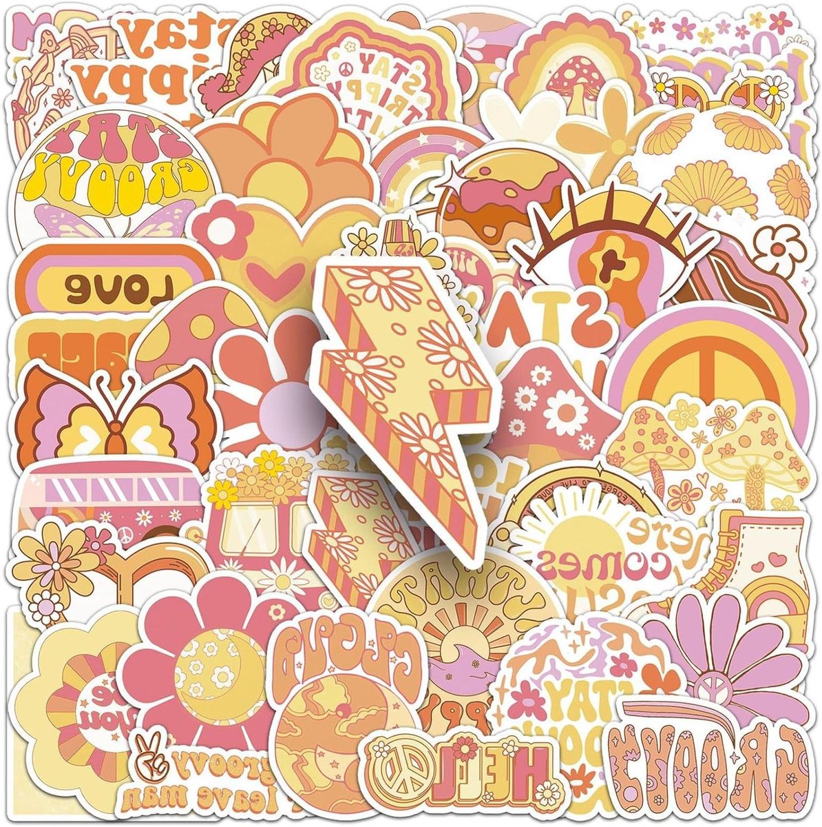 Ronte - Hippiestickers (50 stuks) | Boho vrede liefde stickers | Waterdicht vinyl | Retro 60s en 70s | Voor laptop, auto, waterflessen.