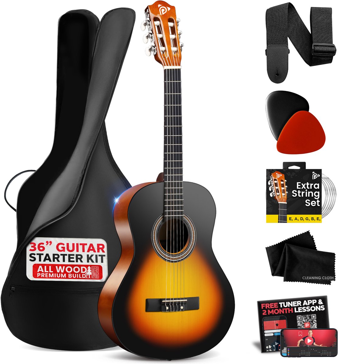 Pyle Akoestische Gitaarset, 3/4 Junior Maat, Houten Instrument met Volledig Accessoirepakket, 36" - Sunburst