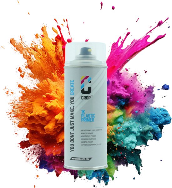 Aérosol CROP 1K Plastic Primer au milieu d'explosions de peinture orange, rose et bleue.