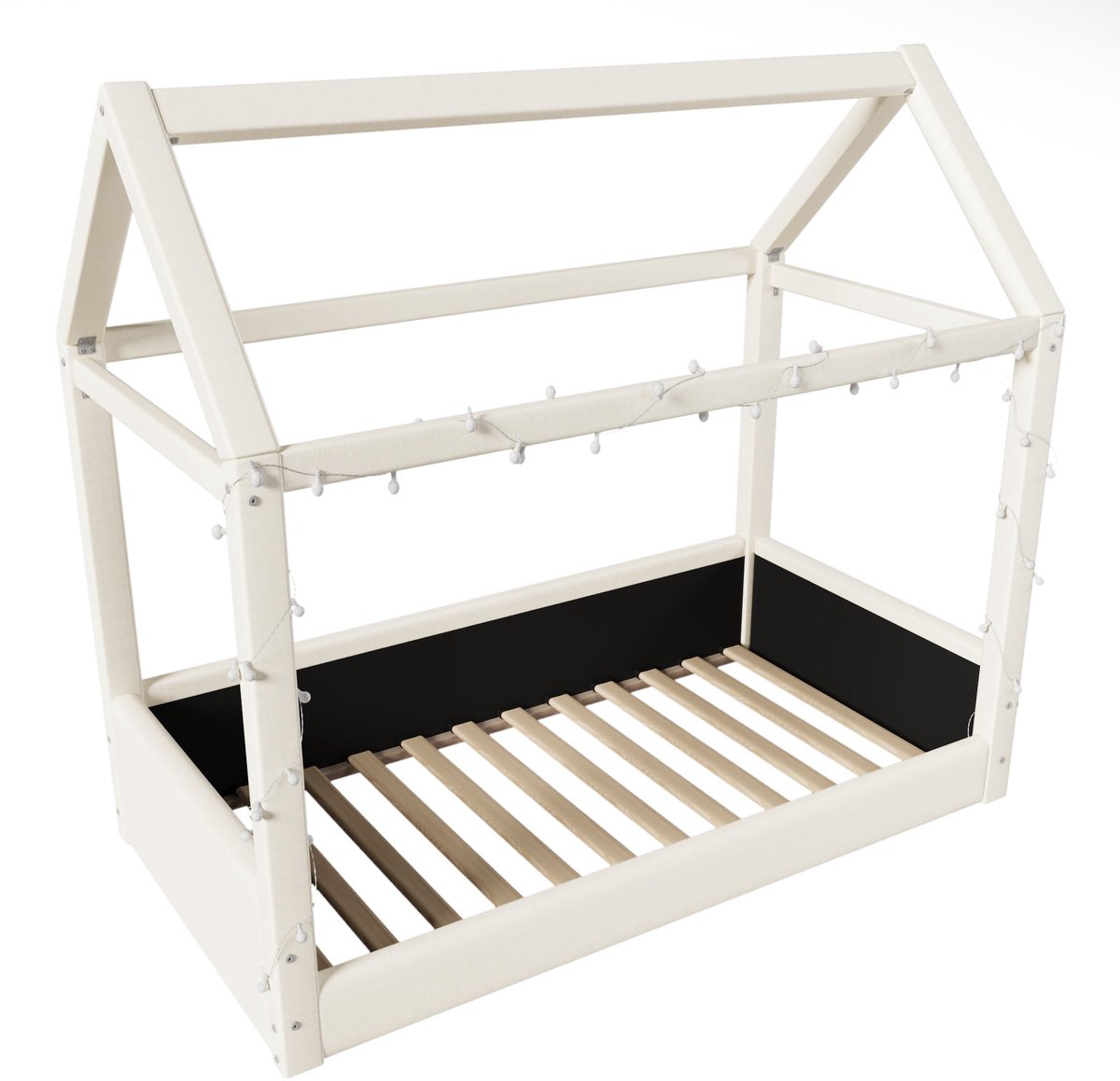Merax Bed in Huisvorm 90x200 cm - Gestoffeerd Bed - LED Verlichting - Houten Lattenbodem Inbegrepen - MDF en Linnen - Beige - Zonder Matras