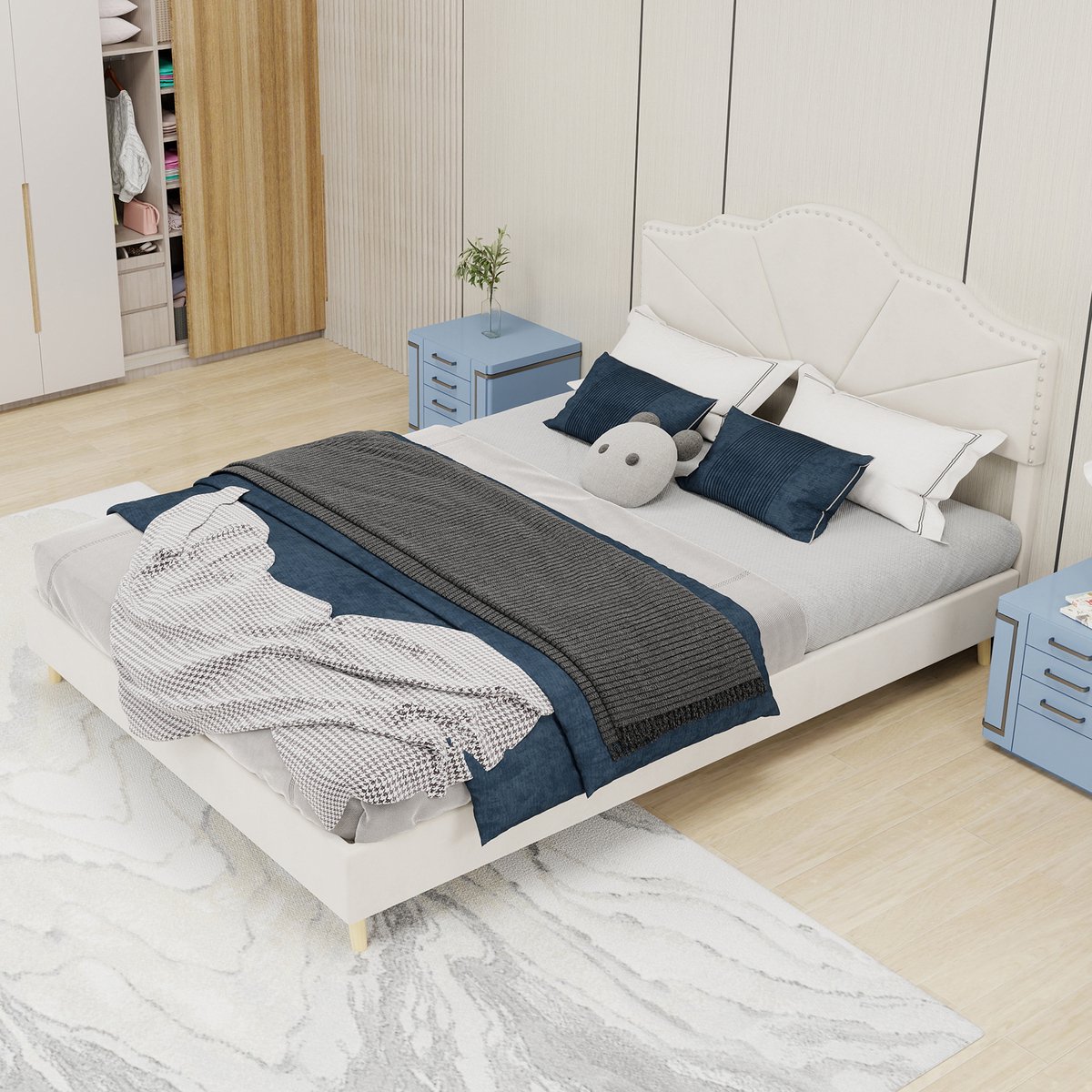 Clruro Tweepersoonsbedden - 140x200CM - Modern Minimalistisch Zacht Bed Lage Box - Comfortabel Hoofdbord - Beige (Geen Matras)
