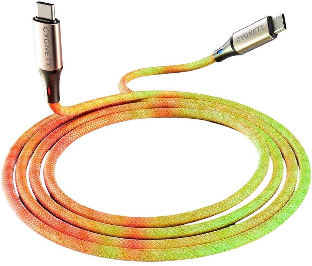 Cygnett, Lichtgevende USB-C kabel 1,2m voor snel opladen 60W en 480 Mbps overdracht, Meerkleurig