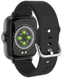 Achterkant van een zwarte smartwatch met hartslagsensoren en tekst over de specificaties.
