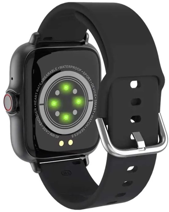 Achterkant van een zwarte smartwatch met hartslagsensoren en tekst over de specificaties.