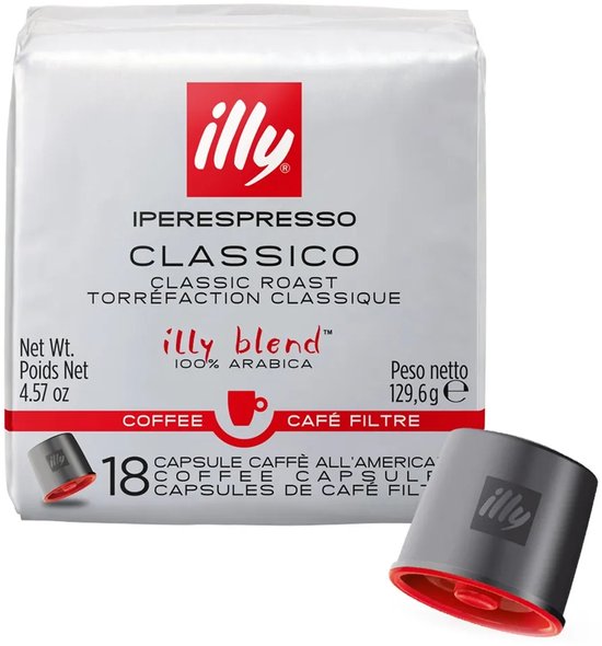 Een pak illy Iperespresso Classico koffiecups, 18 stuks, met één losse cup ernaast.