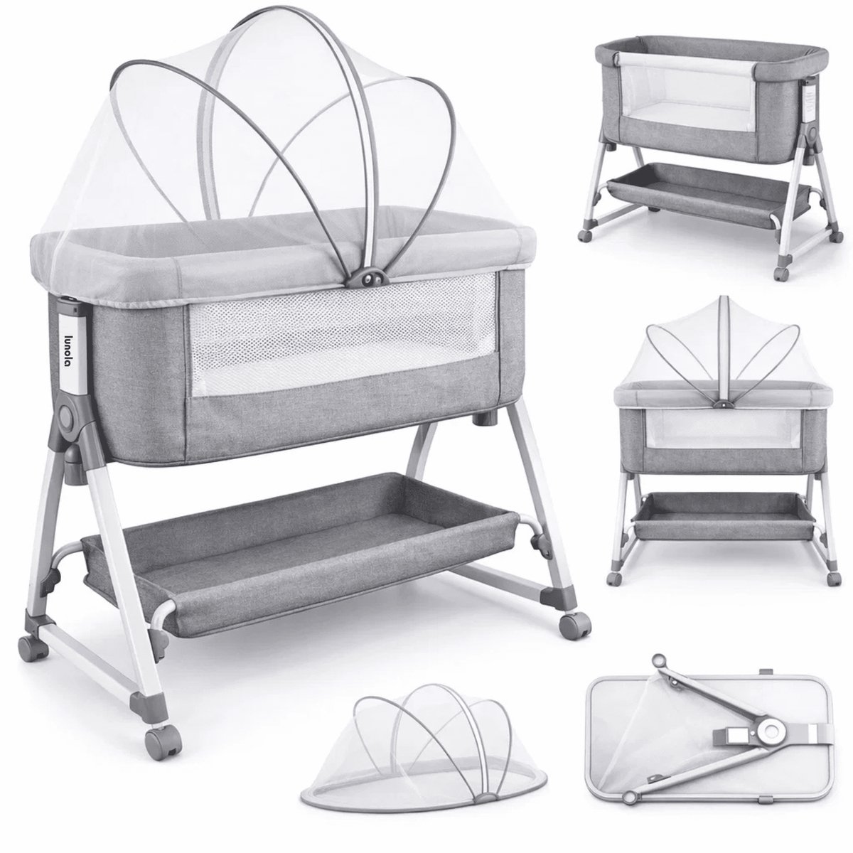 Lunola Co Sleeper 3-in-1 - Baby Bed met Schommelfunctie - Verstelbaar Meegroeibed - Baby Wieg met Matras - Grijs