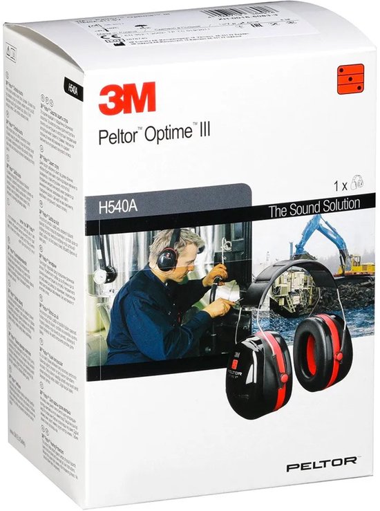 Verpakking van 3M Peltor Optime III gehoorbescherming met afbeeldingen van het product en toepassingen.