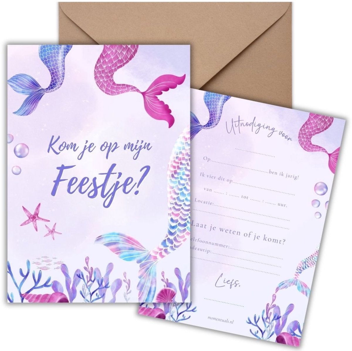Uitnodiging Kinderfeestje 10 Kaarten + Enveloppen - Zeemeermin - Mermaid - Roze – Meisje - Uitnodigingskaarten - Beschrijfbaar – Verjaardag Kind