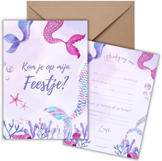 Uitnodiging Kinderfeestje 10 Kaarten + Enveloppen - Zeemeermin - Mermaid - Roze – Meisje - Uitnodigingskaarten - Beschrijfbaar – Verjaardag Kind