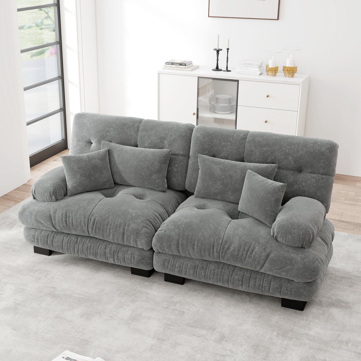 REDOM Hoekbank - Modulair Ontwerp met Afgeronde Armleuningen & Kussens - Chenille Stof - Grijs - 220x77x81 cm